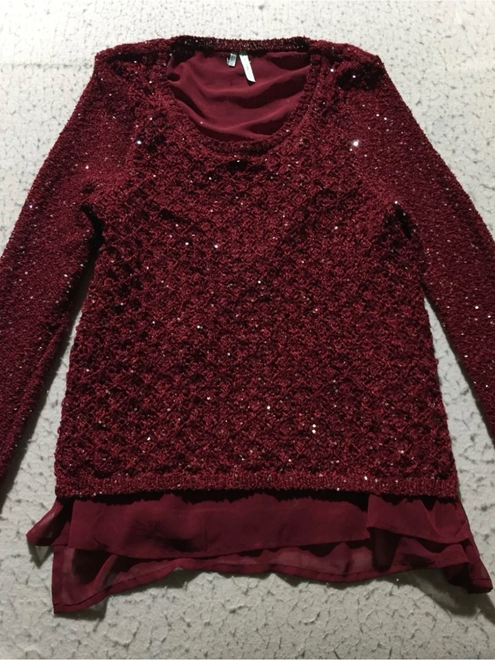 Maurices Sequin-Embellished Chiffon Accent Knit Top in Deep Burgundy Size L